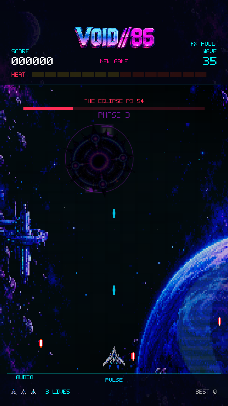 VOID//86 spacecraft facing The Eclipse boss in a portrait development capture