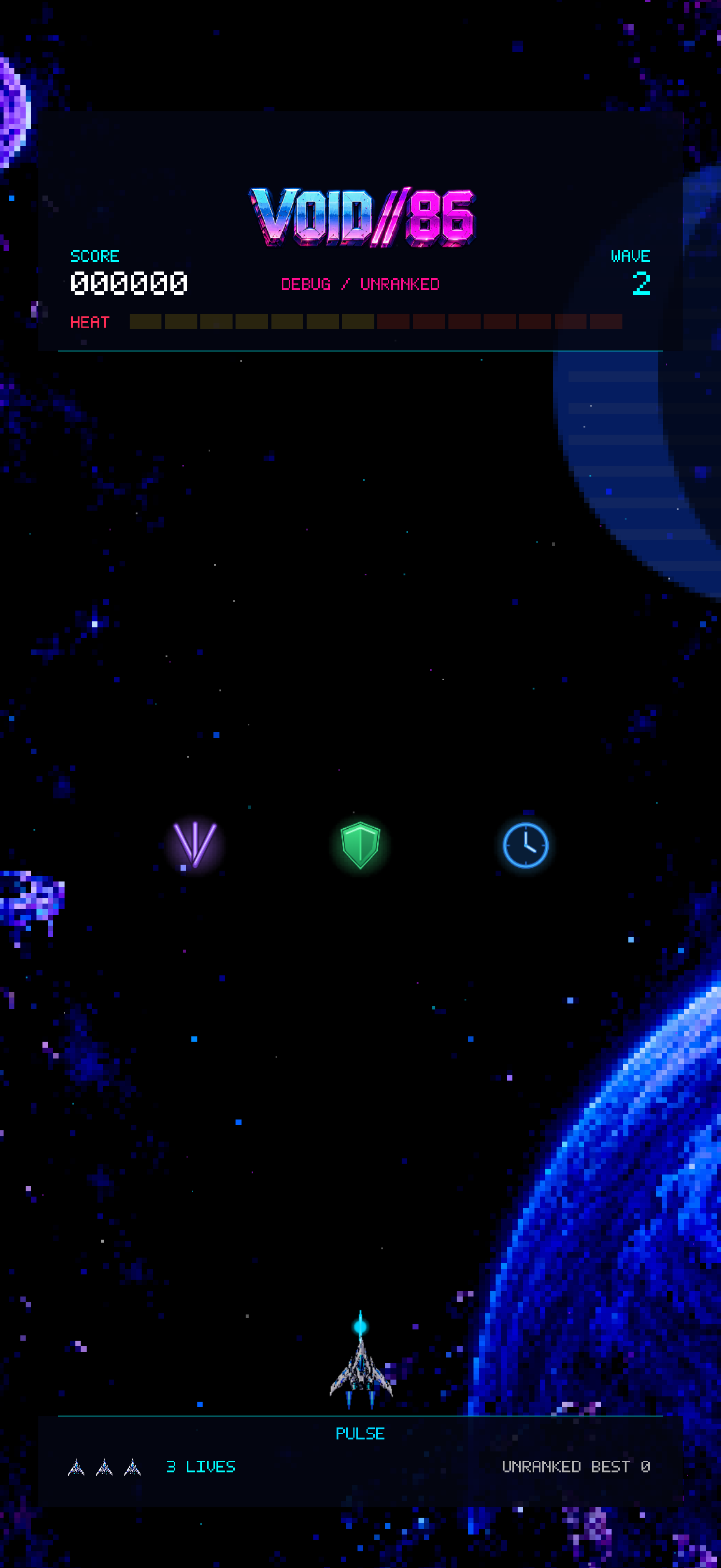 VOID//86 development preview showing purple spread, green shield, and blue clock pickups above the player spacecraft